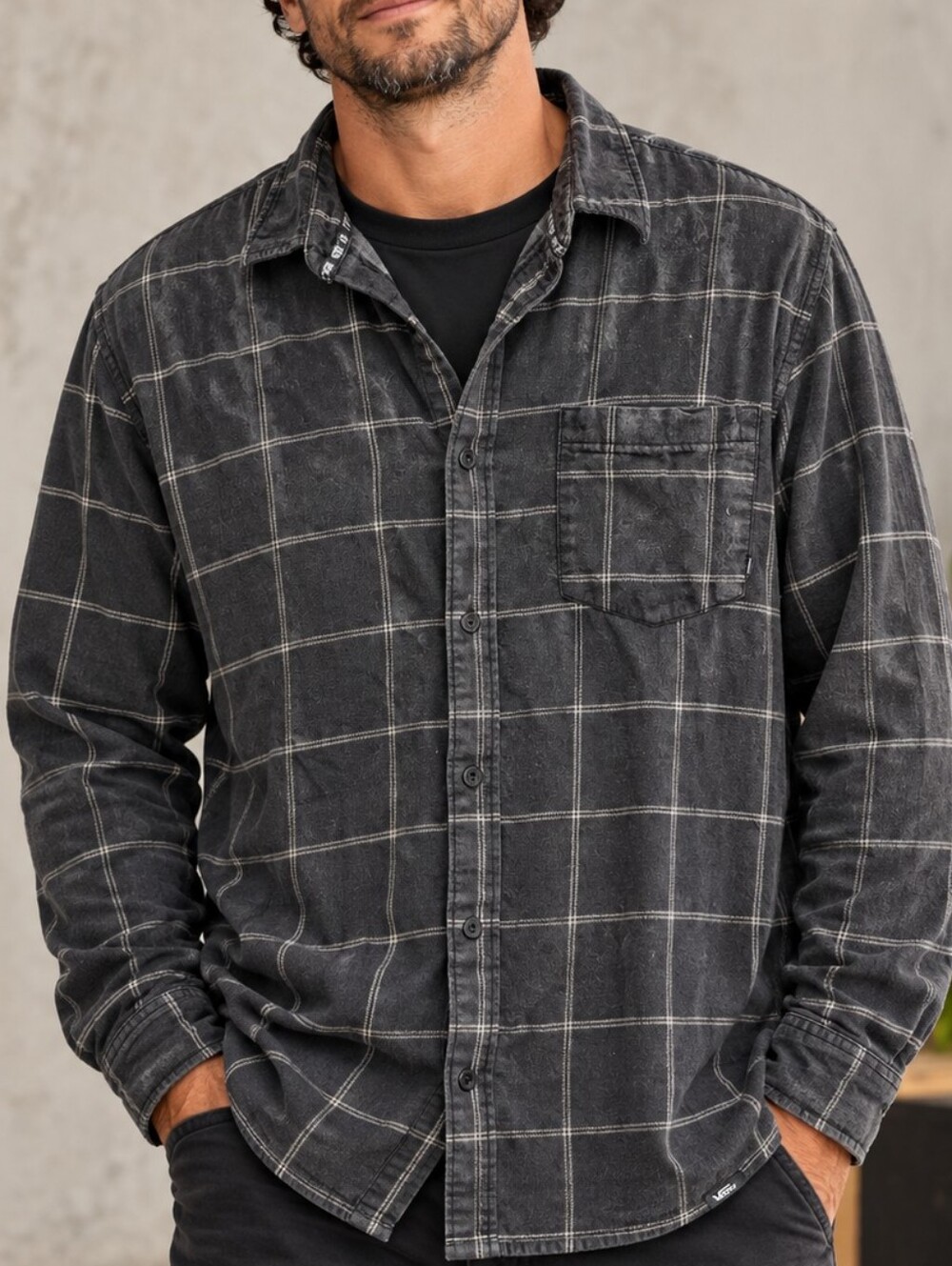Vans Men’s XL Charcoal Plaid Flannel Button Up Washed Skater Grunge Shirt
